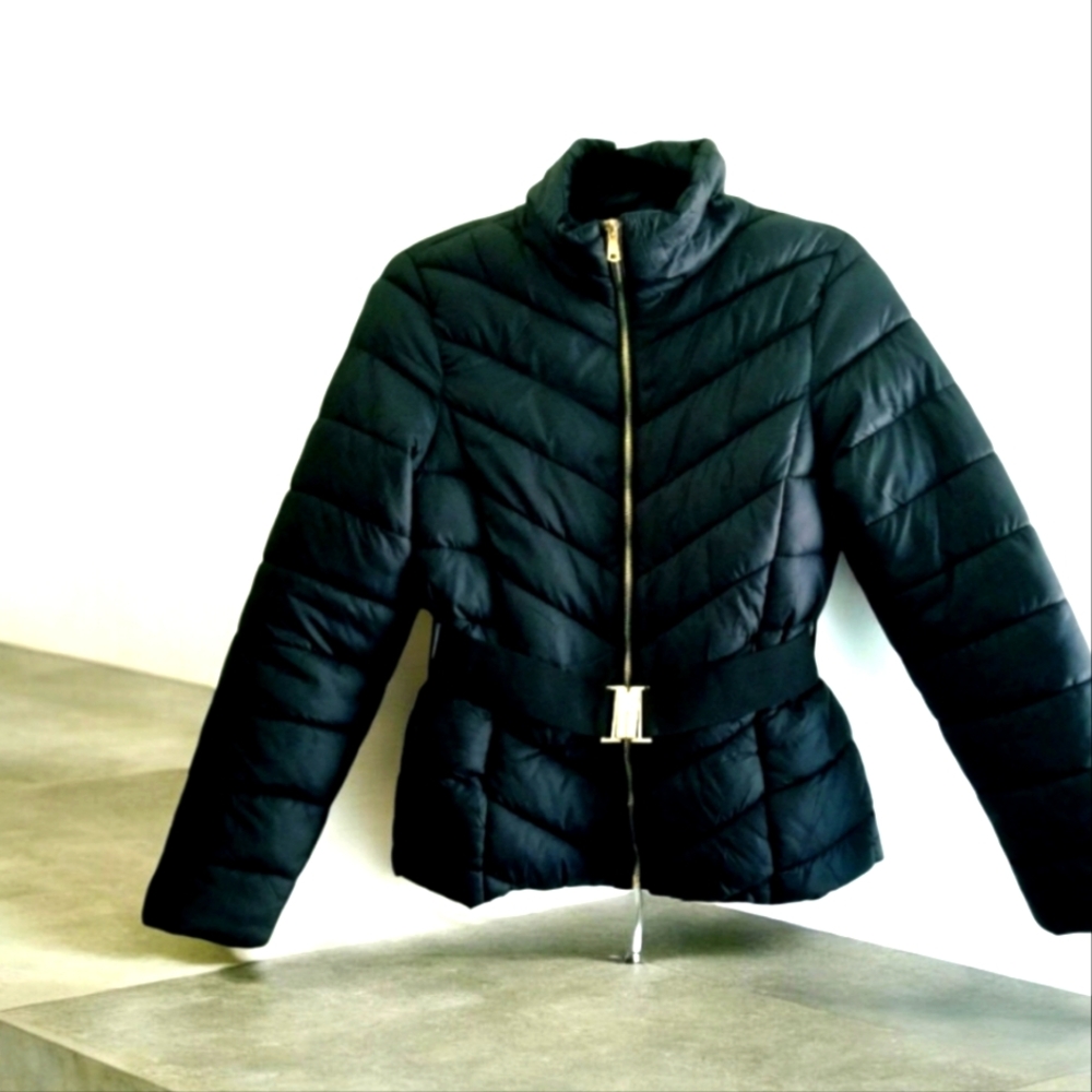 Haute Monde Black Puffer Jacket With Belt NWOT